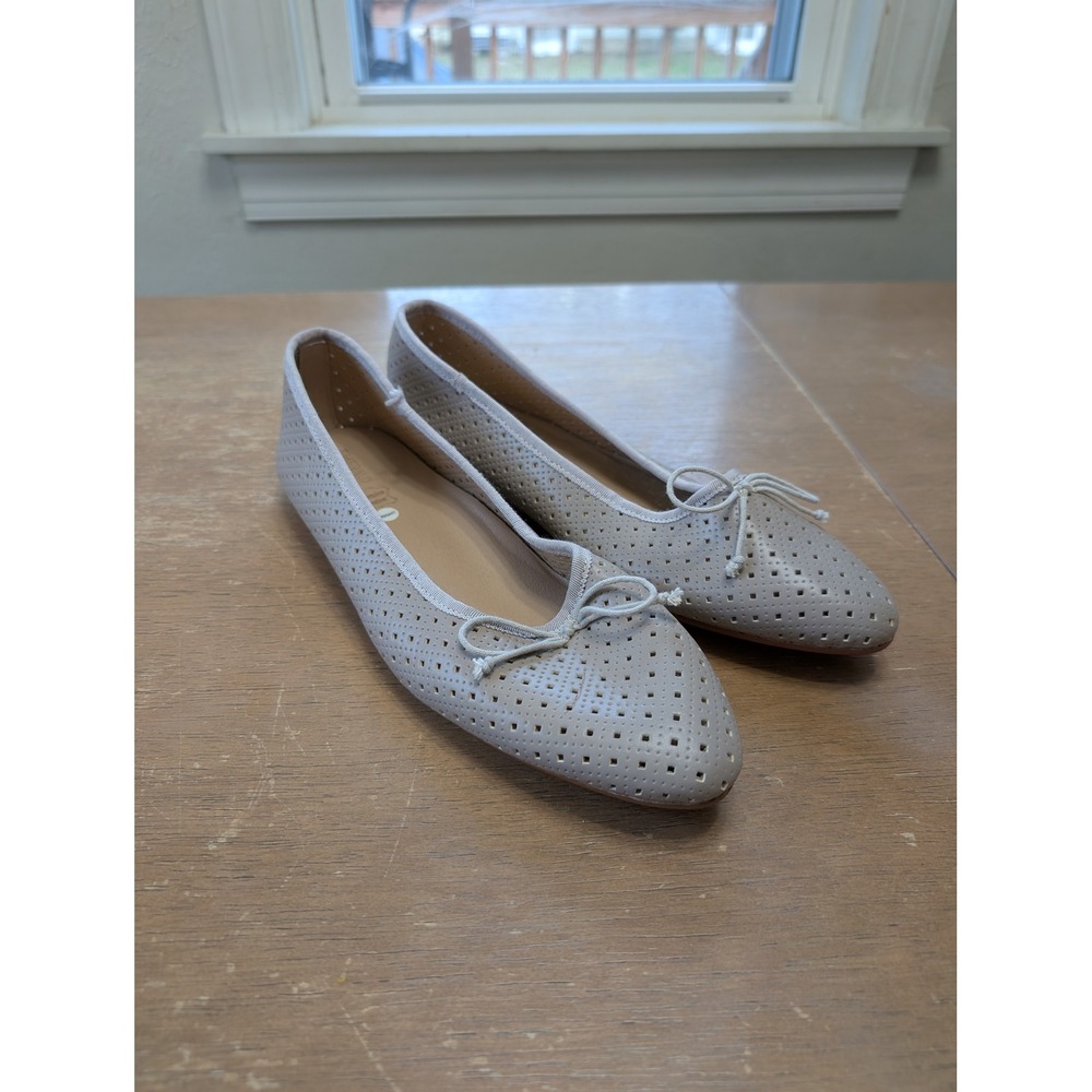 Emerald Label Women Taupe Perforated Leather Ballet Flats Bow Pointed Toe 41
